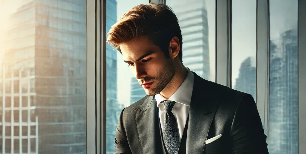 A real estate investor sitting at a modern office desk, comparing two financial reports. The investor is wearing business attire, carefully analyzing reporting packages.